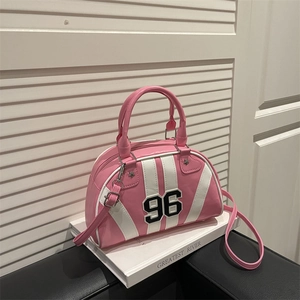 Pink and white striped bowling bag with number 96 embroidery and detachable strap
