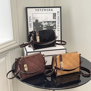 Women Quilted Crossbody Bag Retro Suede Contrast Handbag Small Square Shoulder Bag With Gold Twist Lock And Top Handle