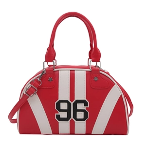Red and white bowling handbag with number 96 patch and metallic star studs detail