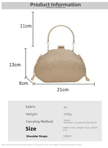 Detailed dimension chart for gold sequin evening clutch bag with size specifications