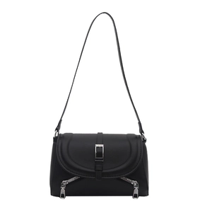 Classic black crossbody bag with silver square buckle and decorative metal zippers