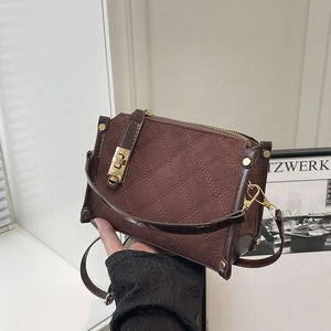Fashionable rhombus quilted handbag in coffee brown with gold twist lock and shoulder strap