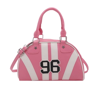 Pink and white Boston bowling bag with number 96 patch and silver star studs for women