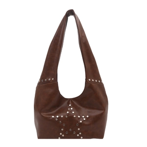 Vintage brown leather crescent shoulder bag with silver star rivets and large capacity