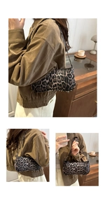 Detailed views of the leopard print baguette bag showing shoulder and hand-carry styles