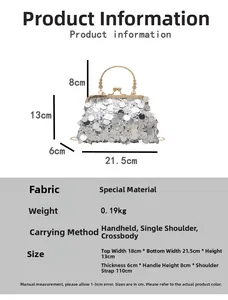 Detailed size chart for the sequined evening bag with specific dimensions and measurements