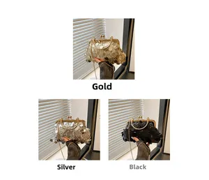Detailed view of sequins in gold, silver and black on retro luxury evening clutch bags
