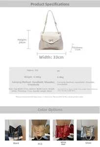 Detailed dimension guide and color selection for this large faux leather shoulder bag