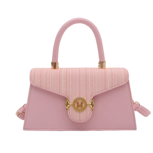 Rosa Trapez Handtasche aus Tweed und PU-Leder mit goldener M-Schnalle und Tragegriff