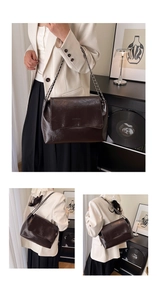 Détail du sac à bandoulière en cuir froissé marron foncé avec chaîne en métal chic