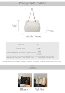 Size chart showing dimensions and PU material specifications for the quilted tote bag