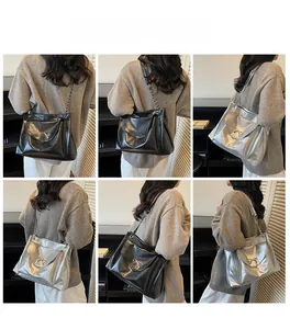 Multiple views of a shoulder bag with a silver bow and chain strap on models