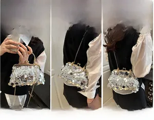 Three ways to wear silver sequin evening bag: hand-held, shoulder and crossbody