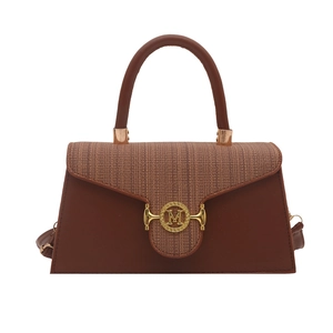 Elegant brown leather and fabric woven handbag with golden M buckle for women