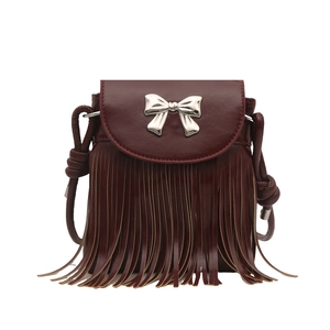 Burgundy crossbody bag with silver bow detail and long fringe design for women