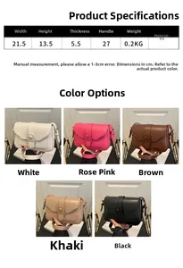 Size guide for minimalist PU leather shoulder bag showing dimensions and color options