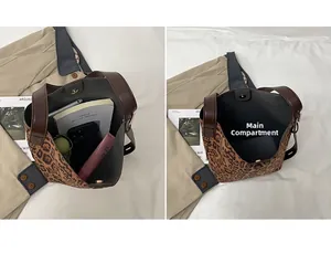 Top view of large leopard print tote bag interior showing spacious main pocket capacity