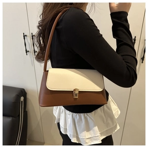 Dettaglio dell'elegante borsa sottobraccio bicolore con fibbia dorata e pelle opaca