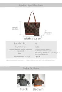 Detailed size chart for printed tote and small pouch including PU material and dimensions