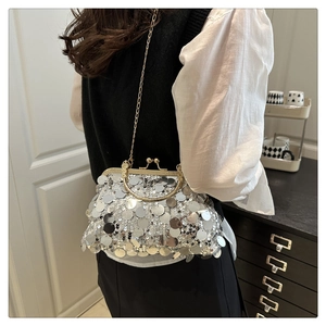 Detailed view of silver oversized sequins and gold metal clasp on a vintage clutch bag