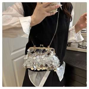 Silver sequin shell bag featuring a vintage clasp and gold chain strap on a model