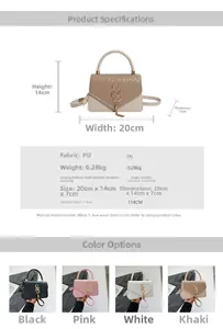 Size chart showing dimensions for a retro PU leather handbag with S-shaped metal charm