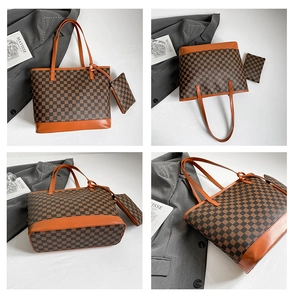 Detail view of checkerboard tote bag set with matching coin purse and sturdy handles