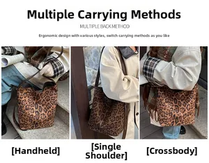 Three ways to wear leopard print suede bucket bag: handbag, shoulder bag, and crossbody style