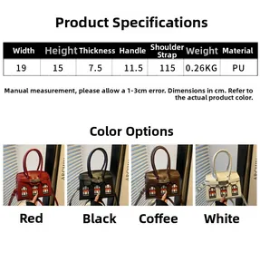 Detailed size chart and four color options for the architectural square leather bag