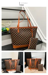 Detail view of brown checkerboard tote bag set with matching small zipper pouch