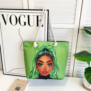 Classic green canvas beach tote bag with cartoon print and rope handles for outdoor use