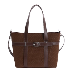 Brown large capacity tote bag with V-shaped texture and detachable shoulder strap