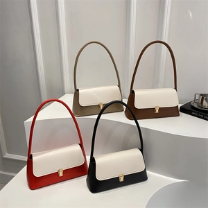 Minimalist two-tone leather shoulder bags with gold buckle in four autumn colors