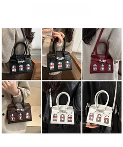 Collage of model wearing high-end leather handbags in black, burgundy, brown, and cream