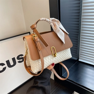 Women PU Leather Handbag Woven Texture Contrast Color Oval Metal Lock Scarf Handle Fashion Shoulder Crossbody Bag