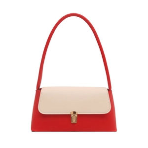 Retro red and white color-block shoulder bag with a gold square clasp in a minimalist design