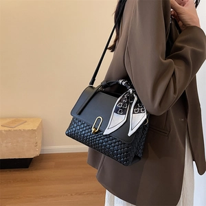French style black woven crossbody bag with silk scarf handle and gold metal lock