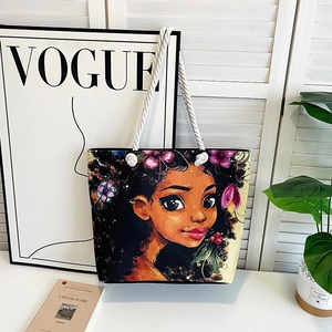 Classic canvas tote bag with artistic cartoon print and white cotton rope handles