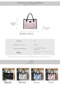 Size chart showing large capacity dimensions for the canvas tote bag in four colors