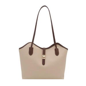 Chic cream tote bag with litchi texture and brown straps for daily office commuting