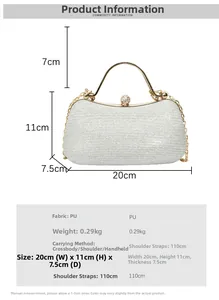 Silver glitter evening bag with gold ring handle and dimensions showing 20cm width