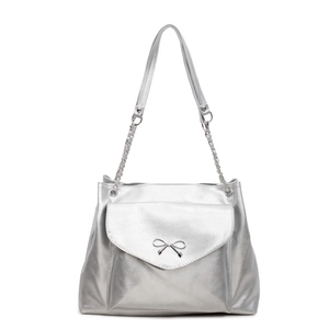 Minimalist silver underarm tote bag with metallic bow and chain strap on white background
