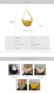 Detailed size chart and specifications for the minimalist canvas crescent shoulder bag