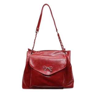 Deep red vintage faux leather shoulder bag with silver metallic bow and chain strap