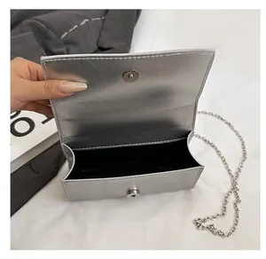 Detailed interior of the silver chain bag showing spacious black lining and metal buckle