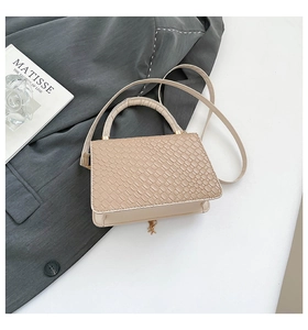 Close-up of apricot crossbody bag with crocodile embossing and star pendant detail