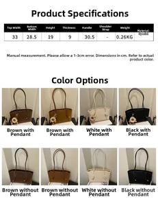 Detailed spec sheet showing large tote bag dimensions and four color options with bag charms