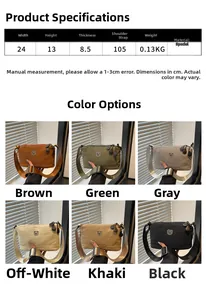 Infographic showing dimensions and six color options for the casual nylon crossbody bag