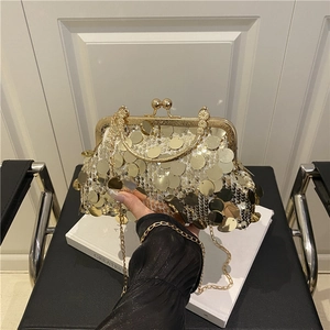 Women Sequin Evening Bag Retro Fashion Metal Kiss Lock Clutches Party Handbags Shoulder Chain