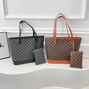 Women Tote Bag PU Leather Large Capacity Checkerboard Print Commuting Handbag And Small Pouch